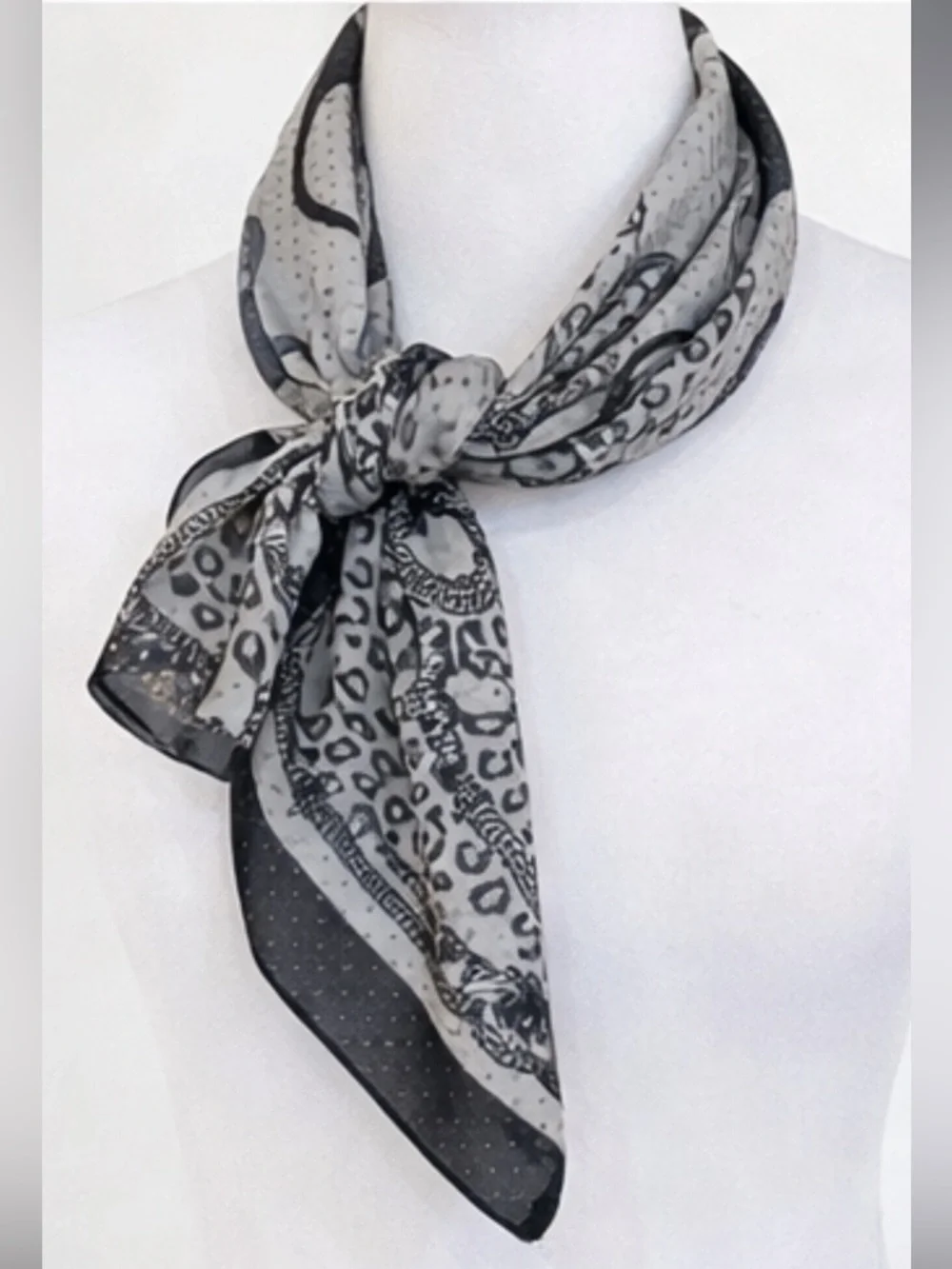 Black Gray Ivory Large Square Foulard Scarf Gold Metallic Dot Sheer Wrap 41”